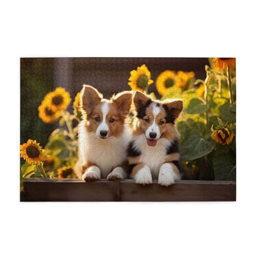 Mexpekil Puzzles für Erwachsene 1000 Teile Niedliche Corgi Hund Sonnenblume Holzpuzzles Herausfordernde Puzzlespiele für Erwachsene Jugendliche Geschenke von Mexpekil