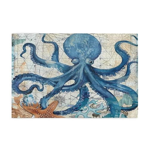 Mexpekil Puzzles für Erwachsene 1000 Teile Retro Blau Ozean Oktopus Wortkarte Holzpuzzles Herausfordernde Puzzlespiele für Erwachsene Jugendliche Geschenke von Mexpekil