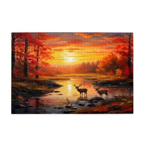 Mexpekil Puzzles für Erwachsene 1000 Teile Wald Fluss Sonnenuntergang Hirsch Holzpuzzles Herausfordernde Puzzlespiele für Erwachsene Jugendliche Geschenke von Mexpekil