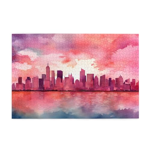 Mexpekil Puzzles für Erwachsene 1000 Teile Watercolo Pink New York City Scence Holzpuzzles Herausfordernde Puzzlespiele für Erwachsene Jugendliche Geschenke von Mexpekil