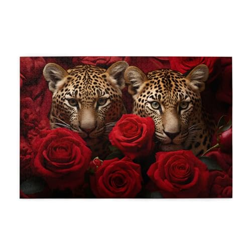 Mexpekil Red Rose Leopard Lover 1000 Teile Puzzle für Erwachsene Holzpuzzles Erwachsene Puzzle Lernspiele für Erwachsene Geschenke Wohnkultur von Mexpekil