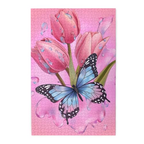 Mexpekil Rosa Tulpen Schmetterling 1000 Teile Puzzle für Erwachsene Holzpuzzles Erwachsene Puzzle Lernspiele für Erwachsene Geschenke Wohnkultur von Mexpekil