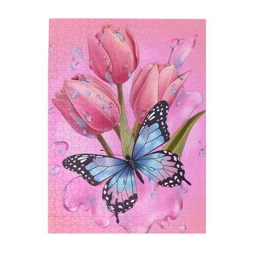 Mexpekil Rosa Tulpen Schmetterling 500 Teile Puzzle für Erwachsene Holzpuzzles Erwachsene Puzzle Lernspiele für Erwachsene Geschenke Wohnkultur von Mexpekil