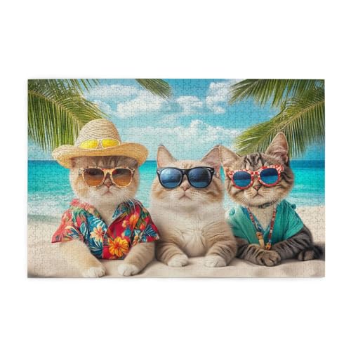 Mexpekil Strandkatzen Meer 1000 Teile Puzzle für Erwachsene Holzpuzzles Erwachsene Puzzle Lernspiele für Erwachsene Geschenke Wohnkultur von Mexpekil