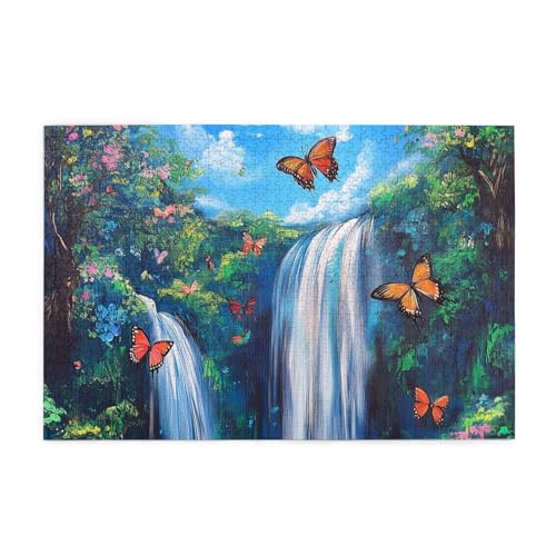 Mexpekil Wasserfall Berg Schmetterling 1000 Teile Puzzle für Erwachsene Holzpuzzles Erwachsene Puzzle Lernspiele für Erwachsene Geschenke Wohnkultur von Mexpekil