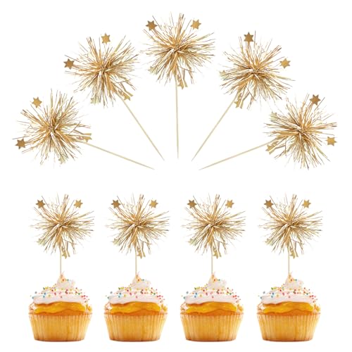 Mezrkuwr 20 Stück Gold-Folie-Feuerwerk-Cupcake-Topper Geburtstagskuchen Kuchen-Topper Funkeln Tinsel Blume Getränke-Rührstäbchen Cocktail-Essen-Obst-Zahnstocher für Party-Zubehör von Mezrkuwr