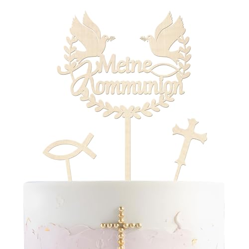 Mezrkuwr 3 Stück Kommunion Cake Topper Holz, Meine Kommunion, Torten Topper Tortendeko, Kommunion Torten Topper Kommunion Dekoration für Junge Mädchen von Mezrkuwr