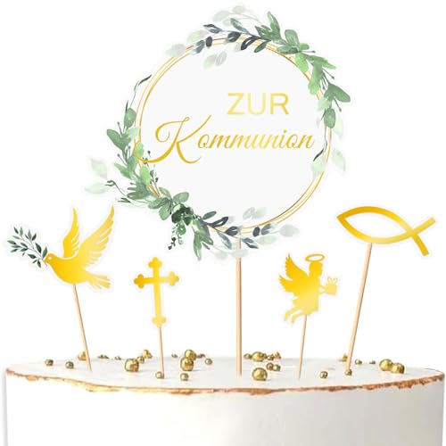 Mezrkuwr 5 Stück Kommunion Kuchendekoration Taube Fisch grüne Blätter Tortendeko Cake Topper Tortenaufsätze Geschenke Tortentopper, Erstkommunion Party deko von Mezrkuwr