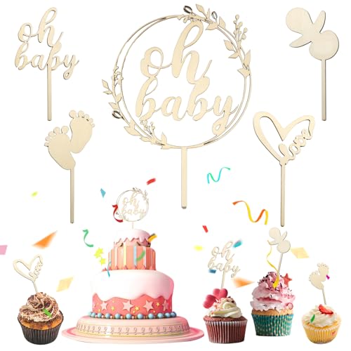 Mezrkuwr 5 Stück Oh Baby Cake Topper Holz, Gender Reveal Partydeko, Kindertaufe schmücken Tortenaufsatz aus, Oh Baby Tortendeko für Babyparty Baby Shower Deko von Mezrkuwr