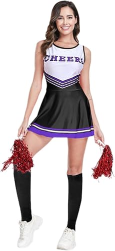 Damen Cheerleader Kostüm mit Kleid 80er 90er Kleidung Pompoms und Socken Outfit High School Cheerleader für Karneval Faschingskostüme Mottoparty Halloween Cosplay Fasching Festival Fasching Party von Mfhmom