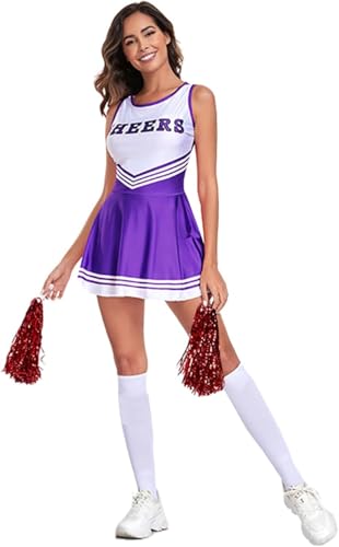 Damen Cheerleader Kostüm mit Kleid 80er 90er Kleidung Pompoms und Socken Outfit High School Cheerleader für Karneval Faschingskostüme Mottoparty Halloween Cosplay Fasching Festival Fasching Party von Mfhmom