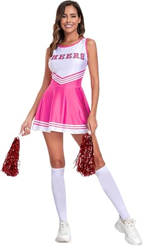 Damen Cheerleader Kostüm mit Kleid 80er 90er Kleidung Pompoms und Socken Outfit High School Cheerleader für Karneval Faschingskostüme Mottoparty Halloween Cosplay Fasching Festival Fasching Party von Mfhmom