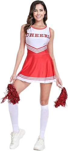 Damen Cheerleader Kostüm mit Kleid 80er 90er Kleidung Pompoms und Socken Outfit High School Cheerleader für Karneval Faschingskostüme Mottoparty Halloween Cosplay Fasching Festival Fasching Party von Mfhmom