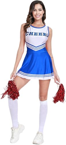 Damen Cheerleader Kostüm mit Kleid 80er 90er Kleidung Pompoms und Socken Outfit High School Cheerleader für Karneval Faschingskostüme Mottoparty Halloween Cosplay Fasching Festival Fasching Party von Mfhmom