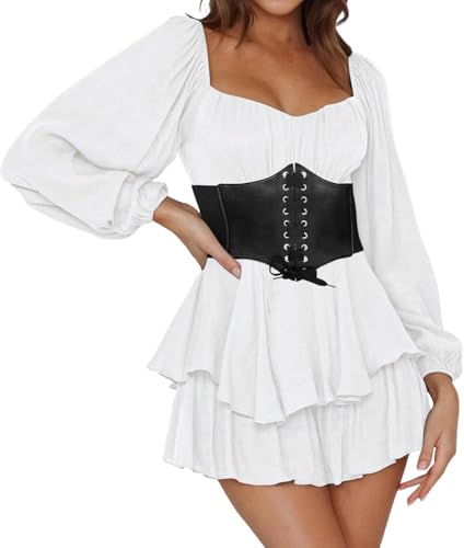 Mfhmom Corset und Piratenkostüm 2 Teilig Damen Piratinkleid Jumpsuit A-Linie-Kleid Korsage Corsage Festlich Karneval Fasching Karnevalspartys Schnürkorsett Patchwork Kleid Renaissance Minikleid von Mfhmom