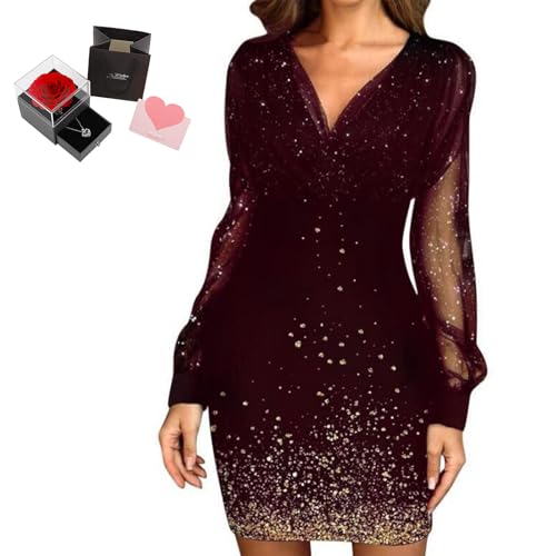 Mfhmom Glitzerkleid Damen + Rose Box Geburtstag V-Ausschnitt Chiffon Abendkleid und Ewige echte Rose herzförmige Halskette Schmuck Geschenkbox Set Abendkleid Valentinstag Hochzeitstag Geschenk von Mfhmom