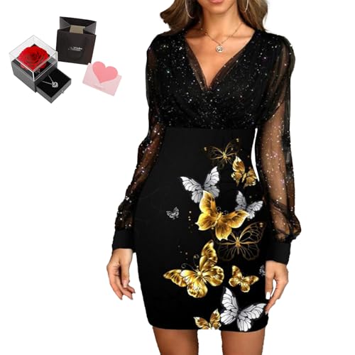 Mfhmom Glitzerkleid Damen + Rose Box Geburtstag V-Ausschnitt Chiffon Abendkleid und Ewige echte Rose herzförmige Halskette Schmuck Geschenkbox Set Abendkleid Valentinstag Hochzeitstag Geschenk von Mfhmom