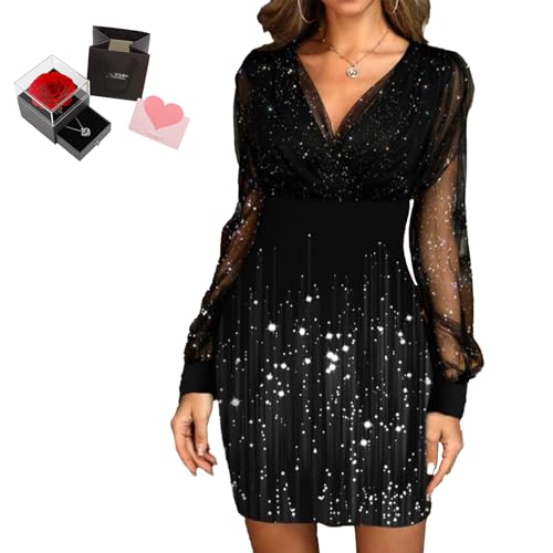 Mfhmom Glitzerkleid Damen + Rose Box Geburtstag V-Ausschnitt Chiffon Abendkleid und Ewige echte Rose herzförmige Halskette Schmuck Geschenkbox Set Abendkleid Valentinstag Hochzeitstag Geschenk von Mfhmom