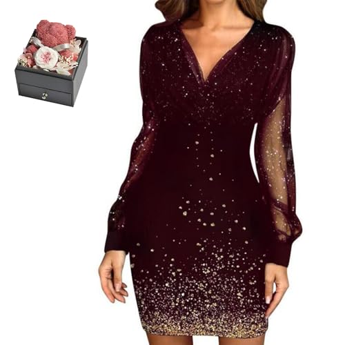 Mfhmom Glitzerkleid Damen + Rose Box Geburtstag V-Ausschnitt Chiffon Abendkleid und Ewige echte Rose herzförmige Halskette Schmuck Geschenkbox Set Abendkleid Valentinstag Hochzeitstag Geschenk von Mfhmom