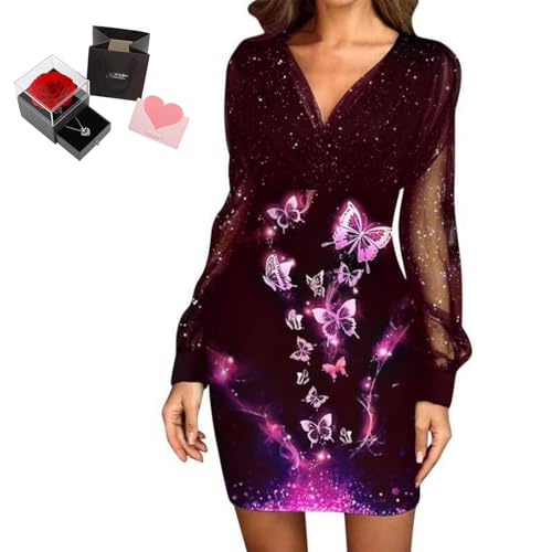 Mfhmom Glitzerkleid Damen + Rose Box Geburtstag V-Ausschnitt Chiffon Abendkleid und Ewige echte Rose herzförmige Halskette Schmuck Geschenkbox Set Abendkleid Valentinstag Hochzeitstag Geschenk von Mfhmom