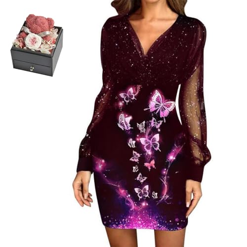 Mfhmom Glitzerkleid Damen + Rose Box Geburtstag V-Ausschnitt Chiffon Abendkleid und Ewige echte Rose herzförmige Halskette Schmuck Geschenkbox Set Abendkleid Valentinstag Hochzeitstag Geschenk von Mfhmom