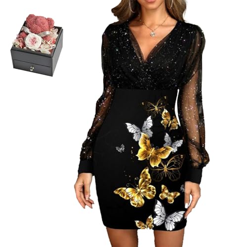 Mfhmom Glitzerkleid Damen + Rose Box Geburtstag V-Ausschnitt Chiffon Abendkleid und Ewige echte Rose herzförmige Halskette Schmuck Geschenkbox Set Abendkleid Valentinstag Hochzeitstag Geschenk von Mfhmom