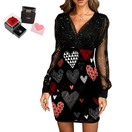 Mfhmom Glitzerkleid Damen + Rose Box Geburtstag V-Ausschnitt Chiffon Abendkleid und Ewige echte Rose herzförmige Halskette Schmuck Geschenkbox Set Abendkleid Valentinstag Hochzeitstag Geschenk von Mfhmom