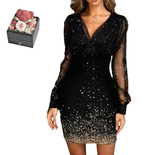 Mfhmom Glitzerkleid Damen + Rose Box Geburtstag V-Ausschnitt Chiffon Abendkleid und Ewige echte Rose herzförmige Halskette Schmuck Geschenkbox Set Abendkleid Valentinstag Hochzeitstag Geschenk von Mfhmom