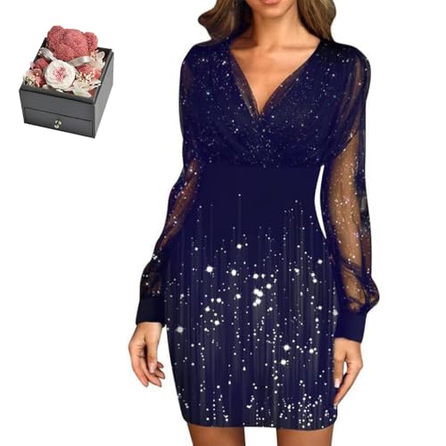 Mfhmom Glitzerkleid Damen + Rose Box Geburtstag V-Ausschnitt Chiffon Abendkleid und Ewige echte Rose herzförmige Halskette Schmuck Geschenkbox Set Abendkleid Valentinstag Hochzeitstag Geschenk von Mfhmom