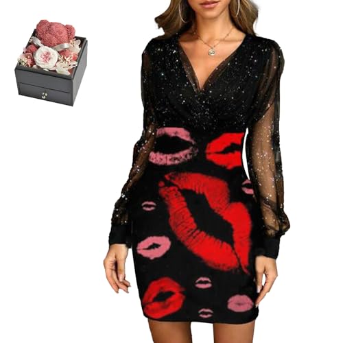 Mfhmom Glitzerkleid Damen + Rose Box Geburtstag V-Ausschnitt Chiffon Abendkleid und Ewige echte Rose herzförmige Halskette Schmuck Geschenkbox Set Abendkleid Valentinstag Hochzeitstag Geschenk von Mfhmom