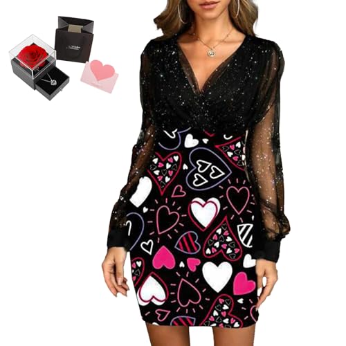 Mfhmom Glitzerkleid Damen + Rose Box Geburtstag V-Ausschnitt Chiffon Abendkleid und Ewige echte Rose herzförmige Halskette Schmuck Geschenkbox Set Abendkleid Valentinstag Hochzeitstag Geschenk von Mfhmom