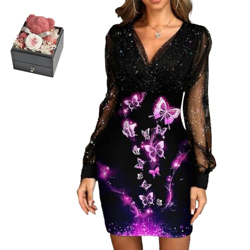 Mfhmom Glitzerkleid Damen + Rose Box Geburtstag V-Ausschnitt Chiffon Abendkleid und Ewige echte Rose herzförmige Halskette Schmuck Geschenkbox Set Abendkleid Valentinstag Hochzeitstag Geschenk von Mfhmom