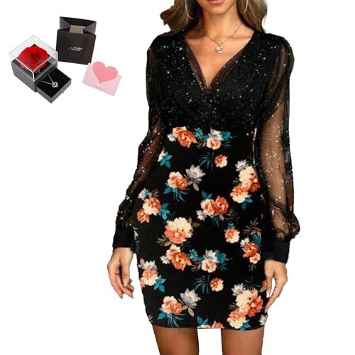 Mfhmom Glitzerkleid Damen + Rose Box Geburtstag V-Ausschnitt Chiffon Abendkleid und Ewige echte Rose herzförmige Halskette Schmuck Geschenkbox Set Abendkleid Valentinstag Hochzeitstag Geschenk von Mfhmom