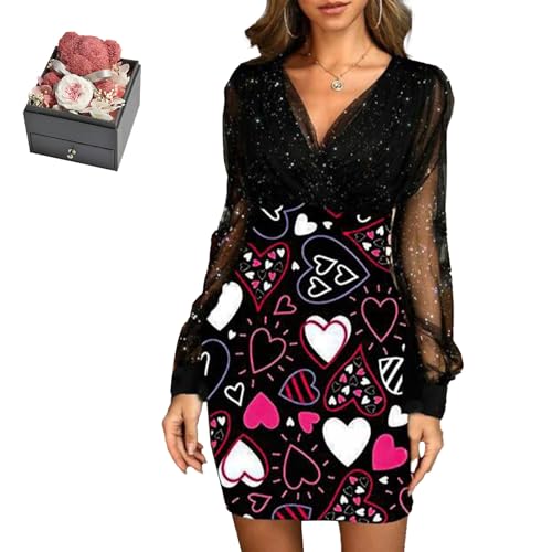 Mfhmom Glitzerkleid Damen + Rose Box Geburtstag V-Ausschnitt Chiffon Abendkleid und Ewige echte Rose herzförmige Halskette Schmuck Geschenkbox Set Abendkleid Valentinstag Hochzeitstag Geschenk von Mfhmom