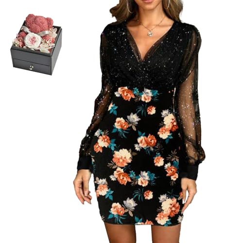 Mfhmom Glitzerkleid Damen + Rose Box Geburtstag V-Ausschnitt Chiffon Abendkleid und Ewige echte Rose herzförmige Halskette Schmuck Geschenkbox Set Abendkleid Valentinstag Hochzeitstag Geschenk von Mfhmom