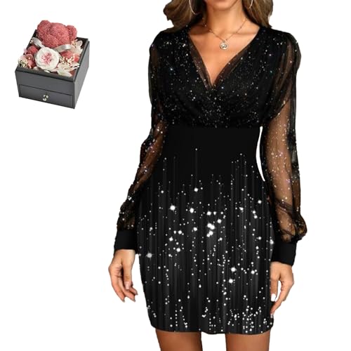 Mfhmom Glitzerkleid Damen + Rose Box Geburtstag V-Ausschnitt Chiffon Abendkleid und Ewige echte Rose herzförmige Halskette Schmuck Geschenkbox Set Abendkleid Valentinstag Hochzeitstag Geschenk von Mfhmom