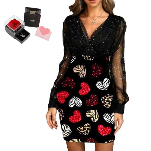 Mfhmom Glitzerkleid Damen + Rose Box Geburtstag V-Ausschnitt Chiffon Abendkleid und Ewige echte Rose herzförmige Halskette Schmuck Geschenkbox Set Abendkleid Valentinstag Hochzeitstag Geschenk von Mfhmom