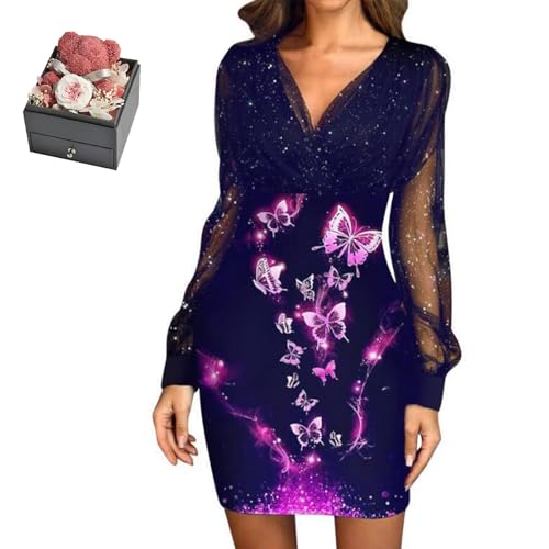 Mfhmom Glitzerkleid Damen + Rose Box Geburtstag V-Ausschnitt Chiffon Abendkleid und Ewige echte Rose herzförmige Halskette Schmuck Geschenkbox Set Abendkleid Valentinstag Hochzeitstag Geschenk von Mfhmom