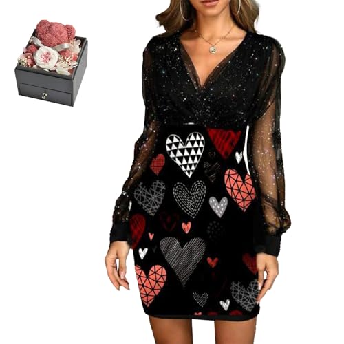 Mfhmom Glitzerkleid Damen + Rose Box Geburtstag V-Ausschnitt Chiffon Abendkleid und Ewige echte Rose herzförmige Halskette Schmuck Geschenkbox Set Abendkleid Valentinstag Hochzeitstag Geschenk von Mfhmom