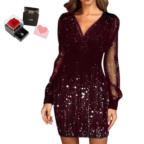 Mfhmom Glitzerkleid Damen + Rose Box Geburtstag V-Ausschnitt Chiffon Abendkleid und Ewige echte Rose herzförmige Halskette Schmuck Geschenkbox Set Abendkleid Valentinstag Hochzeitstag Geschenk von Mfhmom