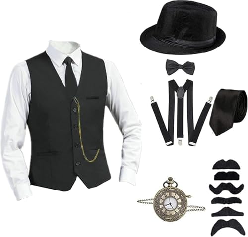 Mfhmom Herren Accessoires 20er Jahre Kostüm 1920er Mafia Kostüm Stilvolle Set Taschenuhr Weste Krawatte Fliege Hosenträger und Bärte für Karneval Mottopartys Partys Fasching Kostümveranstaltungen von Mfhmom