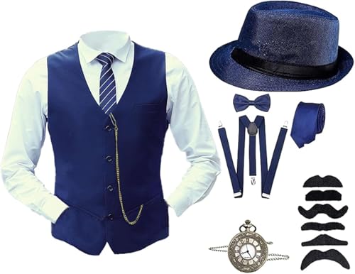 Mfhmom Herren Accessoires 20er Jahre Kostüm 1920er Mafia Kostüm Stilvolle Set Taschenuhr Weste Krawatte Fliege Hosenträger und Bärte für Karneval Mottopartys Partys Fasching Kostümveranstaltungen von Mfhmom