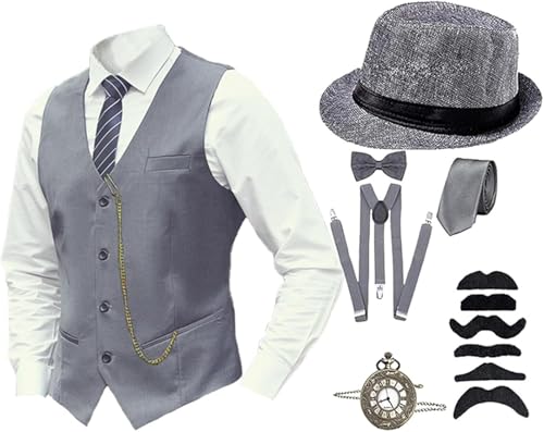 Mfhmom Herren Accessoires 20er Jahre Kostüm 1920er Mafia Kostüm Stilvolle Set Taschenuhr Weste Krawatte Fliege Hosenträger und Bärte für Karneval Mottopartys Partys Fasching Kostümveranstaltungen von Mfhmom