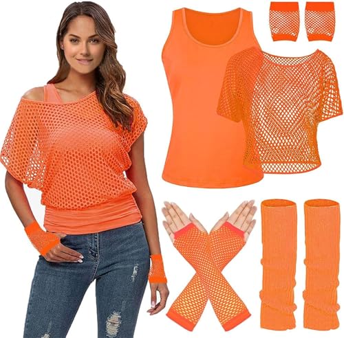 Netzoberteil Set Damen Kostüm 80er 90er Beinwärmer Netzhandschuhe Neon Kleidung Netzshirt Aerobic Outfit Karneval Faschingskostüme Festival Fasching Party Netztop Kurz Frauen Mottoparty Accessoires von Mfhmom