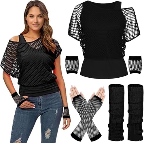 Netzoberteil Set Damen Kostüm 80er 90er Beinwärmer Netzhandschuhe Neon Kleidung Netzshirt Aerobic Outfit Karneval Faschingskostüme Festival Fasching Party Netztop Kurz Frauen Mottoparty Accessoires von Mfhmom