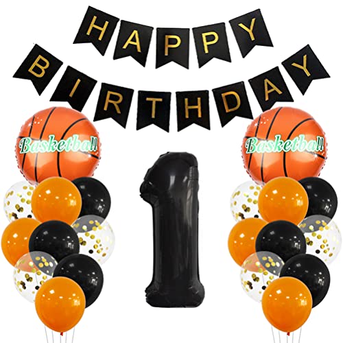 1 Jahr Kindergeburtstag Deko Set Happy Birthday Banner Großes Basketball Luftballon Dekorationen Zahl 1 FolienBallon Orange Schwarz Ballon für Kinder Basketball Themenfeier Party Geburtstagsdeko von MiaLover