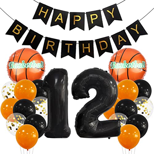 12 Jahr Kindergeburtstag Deko Set Happy Birthday Banner Großes Basketball Luftballon Dekorationen Zahl 12 FolienBallon Orange Schwarz Ballon für Kinder Basketball Themenfeier Party Geburtstagsdeko von MiaLover