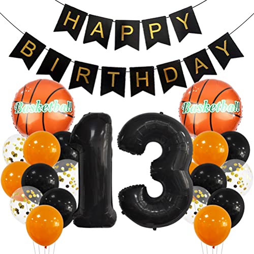 13 Jahr Kindergeburtstag Deko Set Happy Birthday Banner Großes Basketball Luftballon Dekorationen Zahl 13 FolienBallon Orange Schwarz Ballon für Kinder Basketball Themenfeier Party Geburtstagsdeko von MiaLover