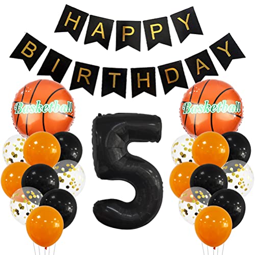 5 Jahr Kindergeburtstag Deko Set Happy Birthday Banner Großes Basketball Luftballon Dekorationen Zahl 5 FolienBallon Orange Schwarz Ballon für Kinder Basketball Themenfeier Party Geburtstagsdeko von MiaLover