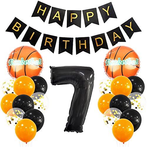 7 Jahr Kindergeburtstag Deko Set Happy Birthday Banner Großes Basketball Luftballon Dekorationen Zahl 7 FolienBallon Orange Schwarz Ballon für Kinder Basketball Themenfeier Party Geburtstagsdeko von MiaLover